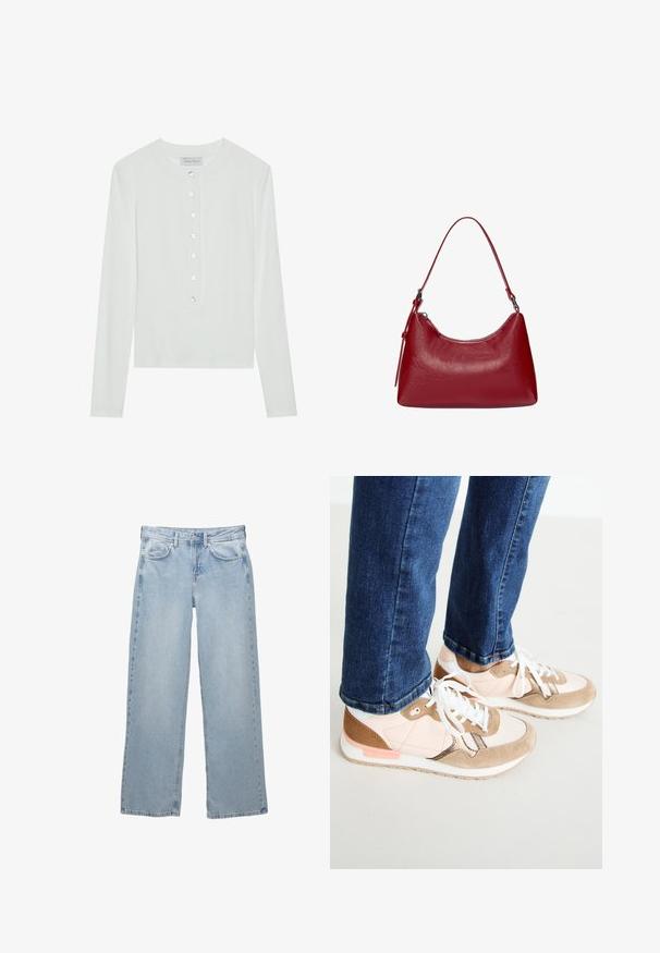 Top alb cu mânecă lungă, realizat dintr-un material cu nervuri, având un guler rotund și un sistem de închidere cu șase butoane transparente.; Blugi din denim de culoare albastru deschis, cu un design cu picioare largi, având o închidere cu nasture și fermoar, cinci buzunare și detalii minime de cusătură.; Adidași cu un amestec de piele roz pal și sueded bej, având șireturi albe, o talpă intermediară albă și o talpă exterioară texturată din cauciuc. Blugii denim sunt ușor scurtați deasupra încălțămintei.; Geantă de umăr din piele roșie, cu un design curbat, textură netedă și închidere cu fermoar. Dispune de un mâner subțire pentru transport.