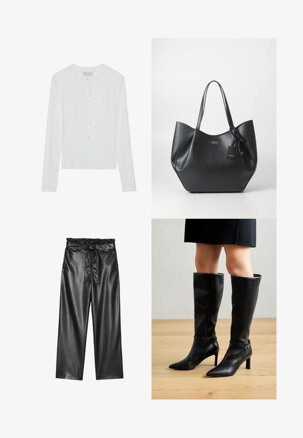 Top bianco a maniche lunghe realizzato in tessuto a costine, presenta un collo rotondo e una parte frontale con sei bottoni trasparenti.; Pantaloni wide-leg neri in pelle sintetica con elastico in vita arricciato e cintura staccabile. Texture liscia e finitura minimale.; Stivali neri al ginocchio con punta affusolata, tacco alto, materiale in pelle liscia, cerniera laterale e una fascia con dettagli in fibbia metallica.; Borsa a tracolla nera realizzata in materiale sintetico testurizzato con una silhouette ampia, dotata di manici doppi e un dettaglio pendente con logo.; Orecchino a cerchio in argento con finitura lucida, caratterizzato da piccoli dettagli in oro e una forma tondeggiante, indossato sul lobo.