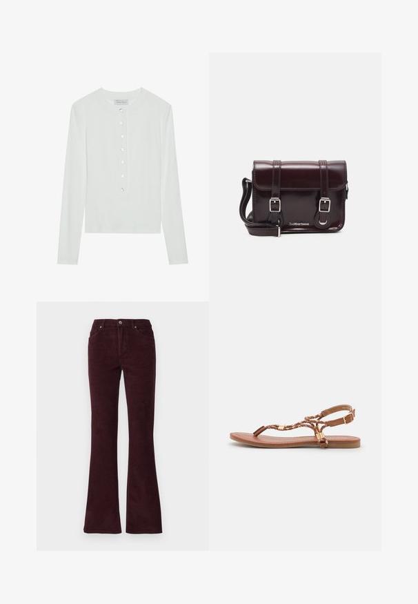 Top bianco a maniche lunghe realizzato in tessuto a costine, presenta un collo rotondo e una parte frontale con sei bottoni trasparenti.; Pantaloni a palazzo in corduroy bordeaux con una texture morbida, cinque tasche e chiusura con bottone metallico in vita.; Sandali piatti in pelle marrone con design intrecciato, cinturini sottili, dettagli in metallo dorato e una suola comoda. Stile open-toe.; Borsa a tracolla in pelle verniciata bordeaux con forma rettangolare, due manici, accessori in argento e chiusura a patta.