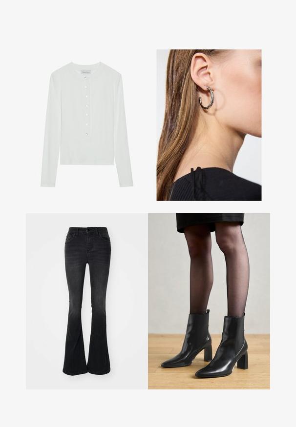 White long-sleeve top made of ribbed fabric, featuring a round neckline and a buttoned front with six clear buttons.; Black flared jeans made of denim, featuring a high-waisted design with front pockets, a button closure, and a clean finish at the hem.; Black leather ankle boots with a pointed toe, chunky square heel, and sleek design. Features elastic side panels for easy wear.; Silver hoop earring with a polished finish, featuring small gold accent details and a round shape, worn on the lobe.