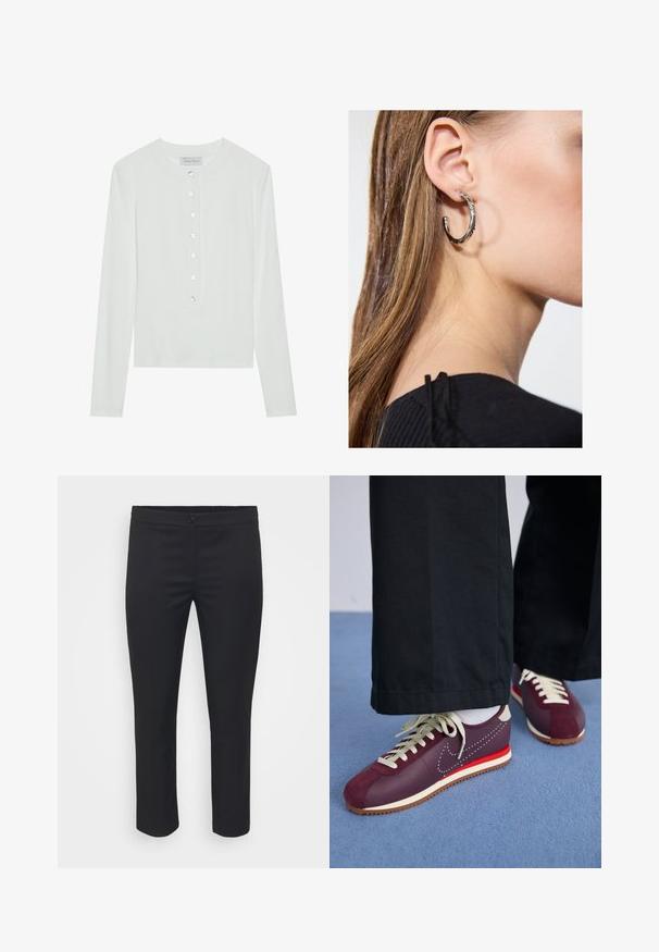 Biele tričko s dlhým rukávom vyrobené z rebrovanej tkaniny, s okrúhlym výstrihom a gombíkovou légiou so šiestimi priehľadnými gombíkmi.; čierne na mieru šité nohavice s hladkou textúrou, stredne vysokým pásom a skrátenou dĺžkou. Obsahujú predné zapínanie na gombík a čisté línie.; Bordové a krémové športové topánky s kombináciou semišu a hladkého materiálu, s kontrastným červeným akcentom, bielymi šnúrkami a textúrovanou podrážkou.; Strieborná kruhová náušnica s lesklým povrchom, obsahujúca malé zlaté akcenty a okrúhly tvar, nosená na lalôčiku ucha.