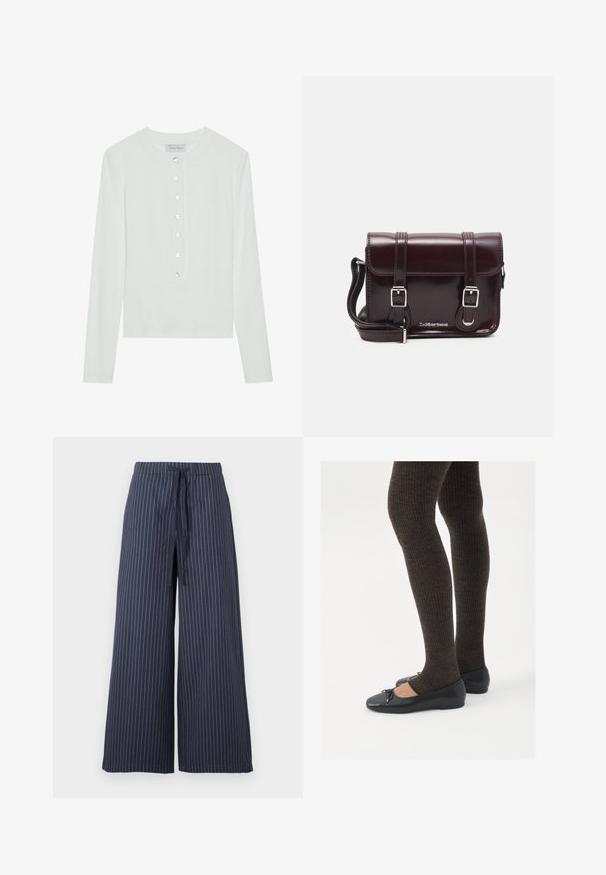 Biele tričko s dlhým rukávom vyrobené z rebrovanej tkaniny, s okrúhlym výstrihom a gombíkovou légiou so šiestimi priehľadnými gombíkmi.; Široké nohavice v námorníckej modrej farbe s bielymi vertikálnymi pruhmi. Vyrobené z ľahkej látky, s nastaviteľným pásom na šnúrku a hladkou textúrou.; Čierne ploché topánky s malou mašľou na špičke, v kombinácii s tmavohnedými rebrovanými pančuchami. Topánky majú hladký povrch a nízky profil.; Krikvová lakovaná kožená crossbody taška s obdĺžnikovým tvarom, dvoma popruhmi, striebornými doplnkami a prednou klapkou.