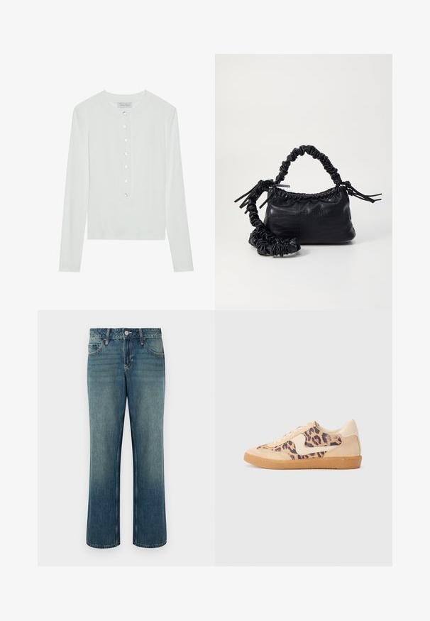 Top alb cu mânecă lungă, realizat dintr-un material cu nervuri, având un guler rotund și un sistem de închidere cu șase butoane transparente.; Blugi din denim albastru cu croiala dreaptă, talie medie, cinci buzunare și decolorare subtilă. Închidere cu nasturi și curele pentru curea incluse.; Tenisi cu imprimeu de leopard, cu partea superioară din suede bej, talpă din cauciuc maro și accente albe. Vârf rotund și design cu șireturi, cu un finisaj texturat.; Geantă din faux leather neagră cu textură de crocodil, cu partea superioară strânsă și o curea mototolită. Pare moale și compactă ca design.