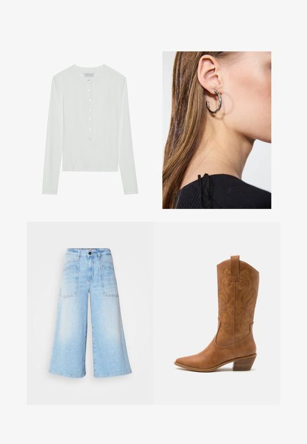 Valkoinen pitkähihaisella puserolla, joka on valmistettu ribbitetystä kankaasta. Puserossa on pyöreä pääntie ja kuuden läpinäkyvän napin pujotettu etuosa.; Vaaleansiniset farkkuculotteet, joissa on leveät lahkeet, etu- ja takataskut sekä nappikiinnitys vyötäröllä. Sileä pinta.; Ruskean nahkainen cowboy-saapas, jossa on terävä kärki, brodeeratut pyörteiset kuviot varressa ja kerroslohko korko. Varustettu nostonipulla helpottamaan pukemista.; Hopea renkaankorvakoru kiiltävällä pinnalla, jossa on pieniä kultaisia yksityiskohtia ja pyöreä muoto, käytetty korvalla.