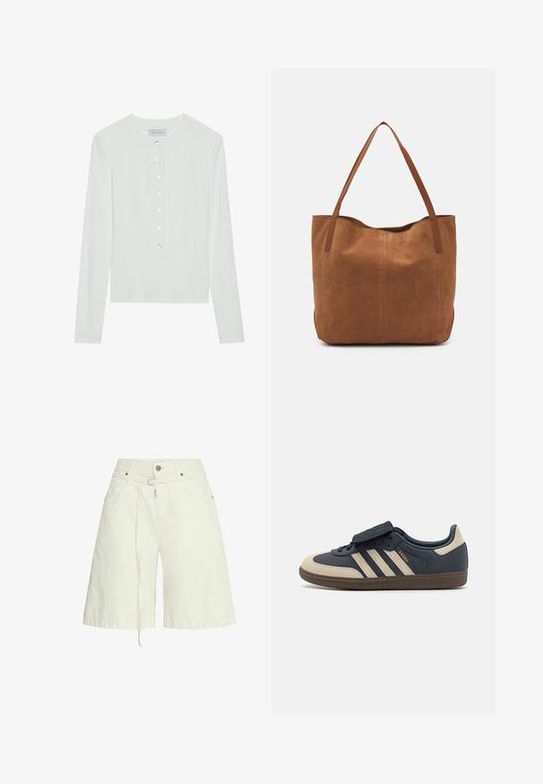 Vit långärmad topp i ribbad tyg, med rund halsringning och en knappad front med sex klara knappar.; Ljust beige denimshorts med en avslappnad passform, bälteöglor, framfickor och en snörning i midjan. Slät textur.; Marinblå lädersneakers med krämfärgade detaljer, tre ränder på sidan, rund tå och strukturerad brun gummisula. Velcro-flik högst upp.; Brun mockaskinn tote bag med två långa handtag, med en slät yta, enkelt design och utan synlig hårdvara eller detaljer.