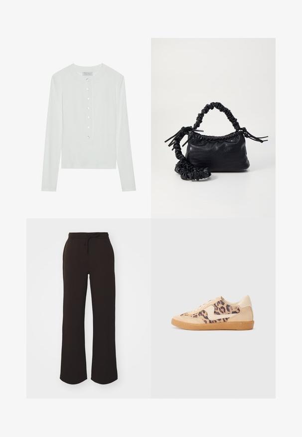 White long-sleeve top made of ribbed fabric, featuring a round neckline and a buttoned front with six clear buttons.; Gina Tricot BASIC STRAIGHT - Tracksuit bottoms - dark brown; Leopard print sneakers with beige suede upper, tan rubber sole, and white accents. Round toe and lace-up design with a textured finish.; Black faux leather handbag with a crocodile texture, cinched top, and a scrunched strap. Appears soft and compact in design.