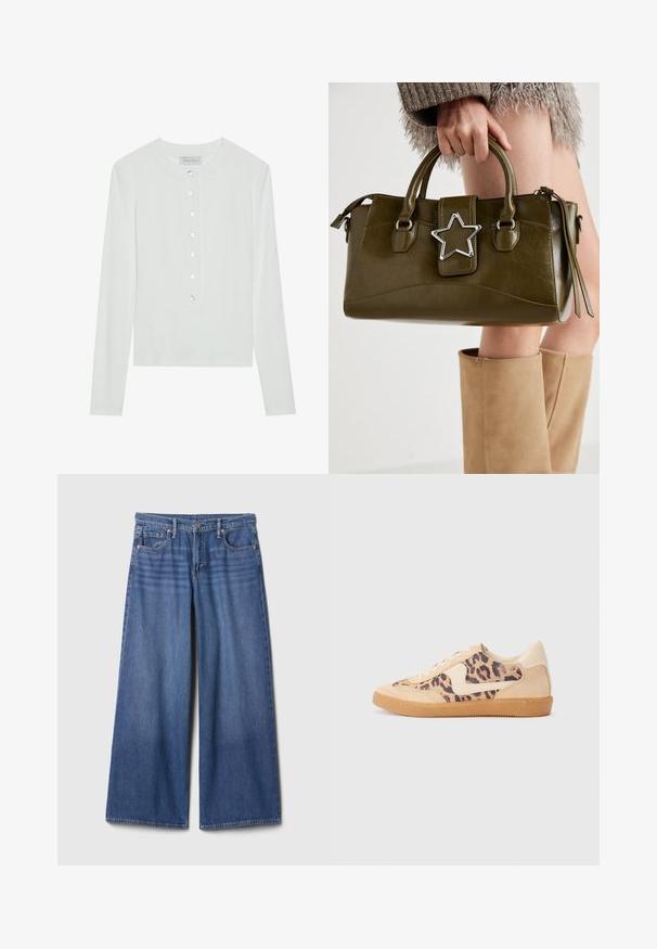 White long-sleeve top made of ribbed fabric, featuring a round neckline and a buttoned front with six clear buttons.; Wide-leg denim jeans in medium blue, featuring a high waist, five pockets, and stitching accents. Smooth texture, unembellished finish.; Leopard print sneakers with beige suede upper, tan rubber sole, and white accents. Round toe and lace-up design with a textured finish.; Olive green faux leather handbag with silver star accent, dual handles, and a zip closure. Textured surface and structured shape.