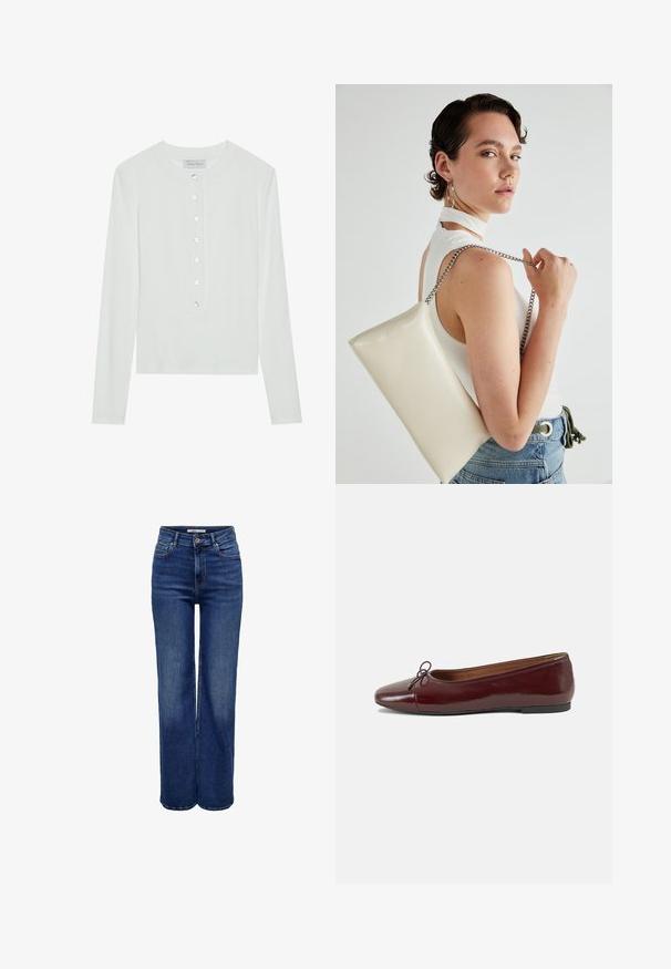 Vit långärmad topp i ribbad tyg, med rund halsringning och en knappad front med sex klara knappar.; Högmidjade jeans med vida ben i mörkblå denim, med knappstängning, fem fickor och kontrastsömmar.; Burgunderfärgad lackläderballettskor med rund tå, liten rosettdekoration fram och en låg, svart gummisula. Slät textur.; Vitt rektangulärt clutch-väsk i glänsande material, med en kedjesnor i silver. Modellen poserar och visar upp väskan mot en neutral bakgrund.