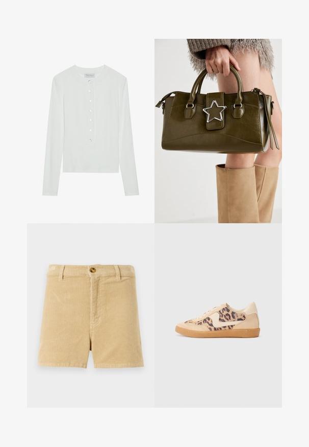 Haut à manches longues blanc en tissu côtelé, avec un col rond et un devant boutonné comportant six boutons transparents.; Shorts en velours côtelé khaki avec un motif texturé en relief, dotés d'une fermeture à bouton à l'avant et de deux poches latérales. Design classique à coupe droite.; Baskets en imprimé léopard avec tige en suède beige, semelle en caoutchouc tan et accents blancs. Bout rond et design à lacets avec une finition texturée.; Sac à main en simili cuir vert olive avec accent étoilé argenté, deux poignées et fermeture éclair. Surface texturée et forme structurée.