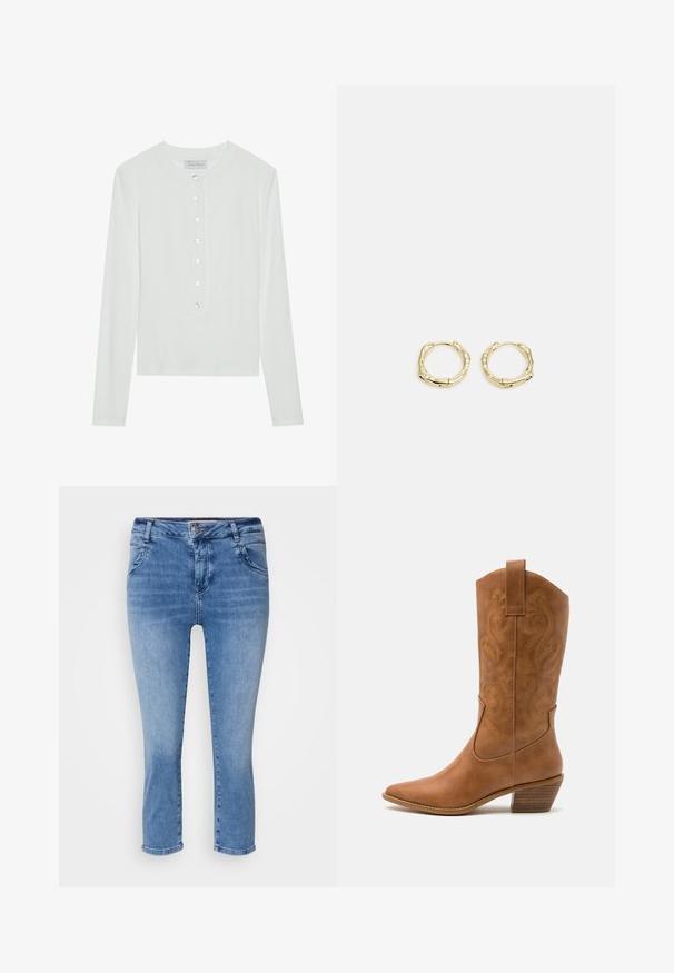 Bjela dugačka majica s dugim rukavima od rebraste tkanine, koja ima okrugli dekolte i prednji dio s dugmićima s šest prozirnih dugmadi.; Svijetloplave traperice s uskim krojem, srednjim strukom i skraćenom duljinom. Ima četiri džepa i zatvaranje na gumb.; Smeđe kožne kaubojke s oštrim nosom, izvezenim spiralnim uzorcima na gornjem dijelu i blok petom. Imaju potporu za lakše obuvanje.; Zlatne okrugle naušnice s teksturiranim, nepravilnim oblikom. Imaju nevidljivo zatvaranje i polirani završni sloj, što naglašava moderan dizajn.