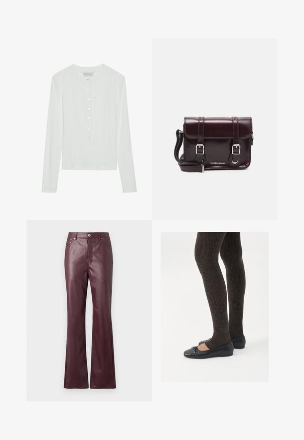 Hvit langermet topp laget av ribbestrikket stoff, med rund halslinning og en knappet front med seks klare knapper.; Vinrøde imitert lær utvidede bukser med en glatt tekstur, frontlommer og en metallknapp i midjen.; Sorte flate sko med en liten sløyfedetalj på tåen, kombinert med mørkebrune ribbede strømpebukser. Skoene har en glatt overflate og lav profil.; Burgunderfarget patentlær crossover-veske med rektangulær form, to stropper, sølvfarget hardware og klaffelukking.