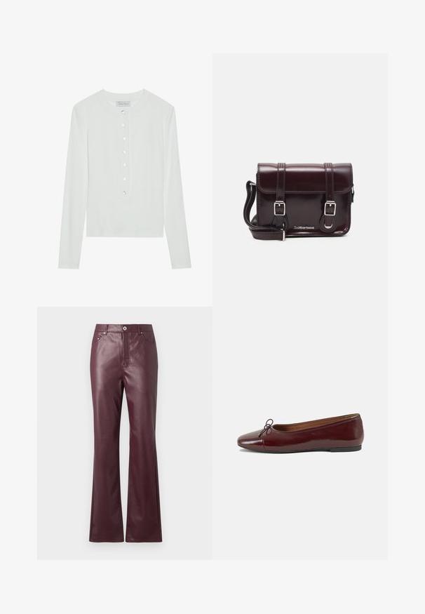 Hvit langermet topp laget av ribbestrikket stoff, med rund halslinning og en knappet front med seks klare knapper.; Vinrøde imitert lær utvidede bukser med en glatt tekstur, frontlommer og en metallknapp i midjen.; Burgunderrød lakk lær ballettleilighet med rund tå, liten sløyfe foran og en lav, svart gummisåle. Glatt tekstur.; Burgunderfarget patentlær crossover-veske med rektangulær form, to stropper, sølvfarget hardware og klaffelukking.