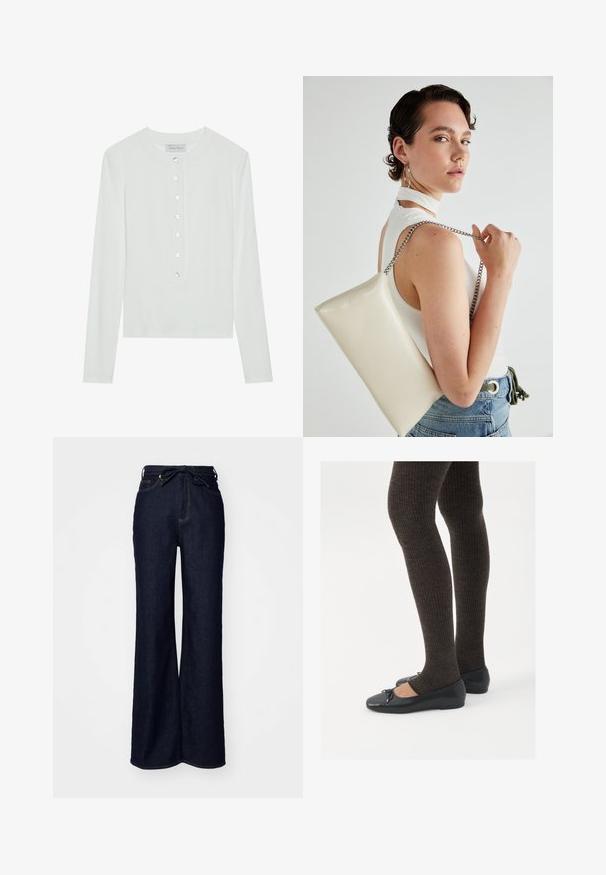 Bela dolga majica z dolgimi rokavi, izdelana iz rebraste tkanine, z okroglim izrezom in sprednjim delom s šestimi prozornimi gumbi.; Temno modri široki traperje z visokim pasom, sprednjimi žepi in zavezovanjem na pasu.; Črne ravne čevlje z majhnim lokom na prstih, v kombinaciji s temno rjavimi rebrastimi nogavicami. Čevlji imajo gladko teksturo in nizko obliko.; Bela pravokotna torbica za ključe iz sijajnega materiala, opremljena s srebrno verižico. Model pozira in prikazuje torbico na enobarvni podlagi.