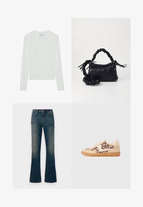 Balta ilga rankovė viršutinė dalis, pagaminta iš glotnaus audinio, su apvaliu iškirpimu ir mygtukais priekyje, turinčiais šešis permatomus mygtukus.; Džinsai su platėjančia forma, mėlynos spalvos, šiek tiek išblukusiu paviršiumi, penkių kišenių dizainu, užsegimu mygtuku ir siuvinėtu apdaila palei siūles.; Leopardų rašto sportiniai batai su smėlio spalvos zomšiniu viršumi, rusvu guminiu padu ir baltais akcentais. Apvalus nosis ir raištelių užsegimas su tekstūruotu paviršiumi.; Juodas dirbtinės odos rankinė su krokodilo tekstūra, sušnibždinta viršuje ir susikraipytu dirželiu. Atrodo minkšta ir kompaktiška.