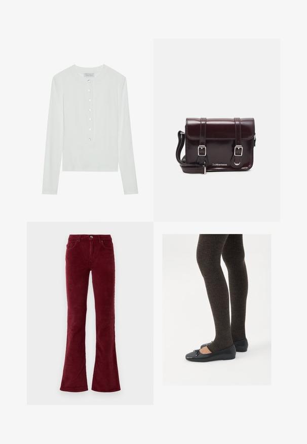 Fehér, hosszú ujjú felső bordás anyagból, kerek nyakkivágással és hat áttetsző gombbal ellátott gombos elejével.; Burgundi kordbársony, trapéz szabású nadrág elöl zsebekkel, övbújtatókkal és gombzárral, sima fehér háttér előtt.; Fekete lapos cipők kis masni díszítéssel az orrán, sötétbarna bordázott harisnyával párosítva. A cipők sima textúrával és alacsony profilúak.; Burgundy lakkbőr keresztpántos táska téglalap alakú, két pánttal, ezüst színű szerelvényekkel és fedélzárral.