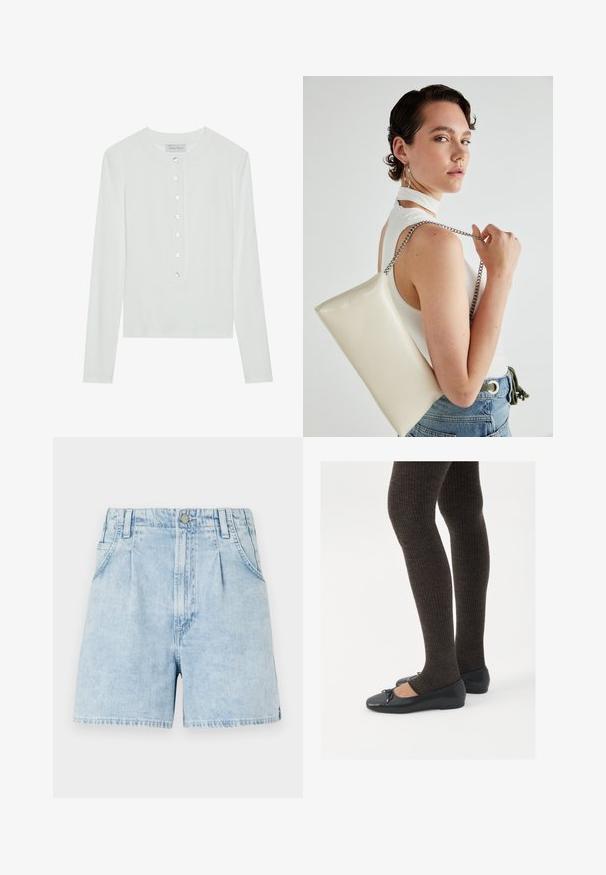 White long-sleeve top made of ribbed fabric, featuring a round neckline and a buttoned front with six clear buttons.; Light blue denim shorts with a high waist, featuring front pleats, two side pockets, and a button closure. Soft, textured fabric.; Black flat shoes with a small bow detail at the toe, paired with dark brown ribbed tights. Shoes have a smooth texture and low profile.; White rectangular clutch bag made of glossy material, featuring a silver chain strap. Model poses, showcasing the bag against a plain background.