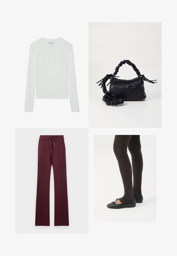 Weißes Langarmoberteil aus geripptem Stoff, mit einem runden Ausschnitt und einer Knopfleiste mit sechs transparenten Knöpfen.; Burgunderfarbene weitgeschnittene Hose aus weichem Stoff mit einem Kordelzugbund und vorderen Falten. Flauschiger Saum und glatte Textur.; Schwarze flache Schuhe mit einem kleinen Schleifendetail an der Zehe, kombiniert mit dunkelbraunen gerippten Strumpfhosen. Die Schuhe haben eine glatte Textur und ein niedriges Profil.; Schwarze Handtasche aus Kunstleder mit Krokodilstruktur, gerafftem oberen Teil und einem geschoppten Tragegurt. Sie wirkt weich und kompakt im Design.