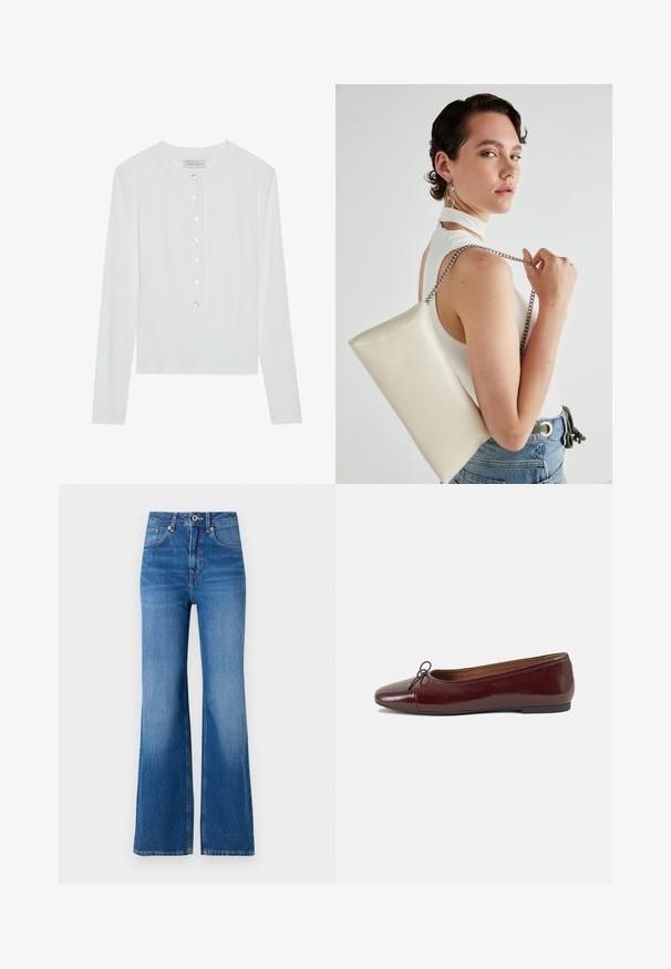 Valge pika varrukaga särk, valmistatud ribakanga iseloomuga, ümmarguse kaelusega ning ees olevate kuue läbipaistva nupuga.; Laiad sinised teksapüksid kõrge vöökoha ja tõmbluku, nupuga kinnituse ning jalgade ääres kerge fading'uga.; Burgundi patendnahk kingad balletitüüpi, ümmarguse ninaosa, ees väike paelaaktsent ja madal must kummist tald. Sile tekstuur.; Valge ristkülikuline kotti, mis on valmistatud läikivast materjalist, hõbedase ahelsangaga. Mudel poseerib, tutvustades kotti ühtlase taustaga.