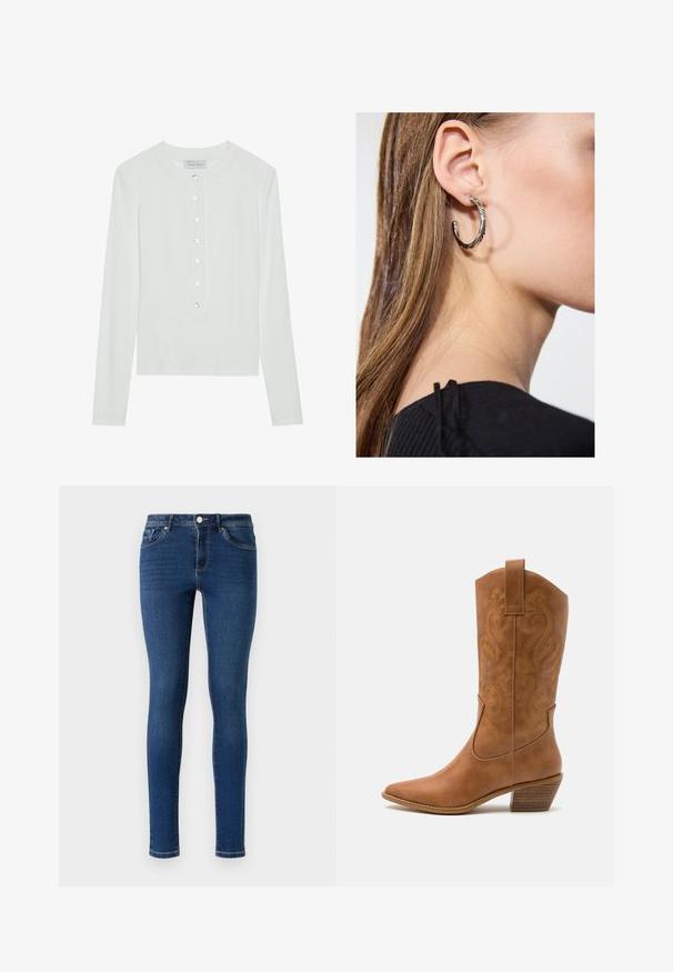 Valge pika varrukaga särk, valmistatud ribakanga iseloomuga, ümmarguse kaelusega ning ees olevate kuue läbipaistva nupuga.; Ideed kitsad sinised teksad. Omavad klassikalist viie tasku disaini, metallist nööbikinnitust ja peent õmblust õmblustel.; Kohvitooni nahast cowboy-kork, millel on terav varvas, tikitud keerised varrel ja virnastatud ploki konts. Omab tõmbeava, et seda oleks lihtne jalga panna.; Hõbedane rõngas kõrvarõngas poleeritud viimistlusega, millel on väikesed kuldsed aktsendid ja ümmargune kuju, kantud lobus.