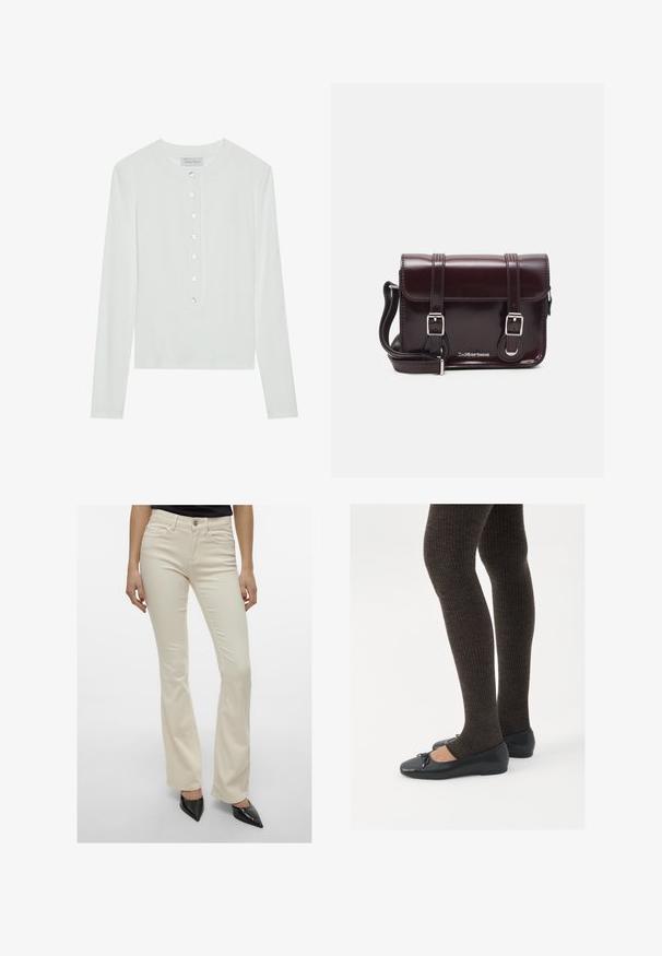 Haut à manches longues blanc en tissu côtelé, avec un col rond et un devant boutonné comportant six boutons transparents.; Pantalons évasés couleur crème en mélange de coton extensible. Présente un style classique à cinq poches et une fermeture à bouton à l'avant.; Chaussures plates noires avec un petit nœud au niveau des orteils, associées à des collants côtelés marron foncé. Les chaussures ont une texture lisse et un profil bas.; Sac à bandoulière en cuir verni bordeaux, de forme rectangulaire, avec deux bandoulières, des accessoires en argent et une fermeture à rabat.
