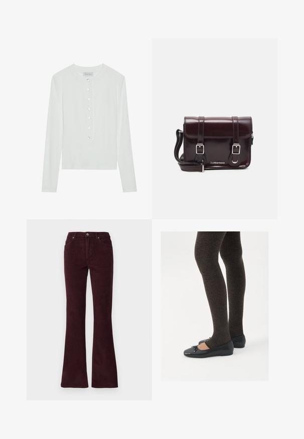 Haut à manches longues blanc en tissu côtelé, avec un col rond et un devant boutonné comportant six boutons transparents.; Pantalons en velours côtelé bordeaux évasés avec une texture lisse, cinq poches et fermeture à bouton en métal à la taille.; Chaussures plates noires avec un petit nœud au niveau des orteils, associées à des collants côtelés marron foncé. Les chaussures ont une texture lisse et un profil bas.; Sac à bandoulière en cuir verni bordeaux, de forme rectangulaire, avec deux bandoulières, des accessoires en argent et une fermeture à rabat.