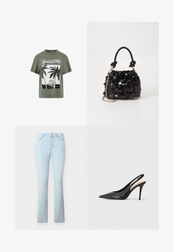 Olivno zeleni pamučni majica s grafikom palme u crno-bijeloj boji i tekstom "Guess 1981", okruglim izrezom i kratkim rukavima.; Svjetloplave traperice izrađene od denima, s visokim strukom i pet metalnih dugmadi sprijeda, te sa širokim oblikom nogavica.; Crna kožna cipelica s visokom petom i otvorenom petom, s oštrim vrhom, glatkom teksturom i delikatnom trakicom s metalnom kopčom.; Crna mini torbica sa šljokicama, s čvorastim teksturiranim remenom i srebrnim lancem. Zaobljenog oblika s naboranim vrhom i reflektivnim detaljima.