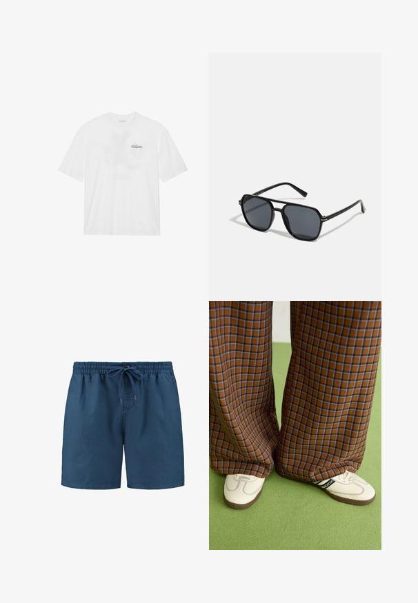 Fehér pamut póló rövid ujjakkal, a mellrészen fekete és zöld felirattal, ami ezt olvassa: "Szállj a nyugalomba".; Tengerészkék, könnyű anyagból készült sort, rugalmas derékkal és zsinórral, valamint elöl gombos díszítéssel.; Barna és kék kockás, bőrt lábú nadrág, fehér cipővel, fekete részletekkel és texturált talppal, zöld háttér előtt.; Fekete napszemüveg nyolcszögletű kerettel, sötét lencsékkel, fényes felülettel, vékony szárakkal és arany díszítéssel az elülső részén.