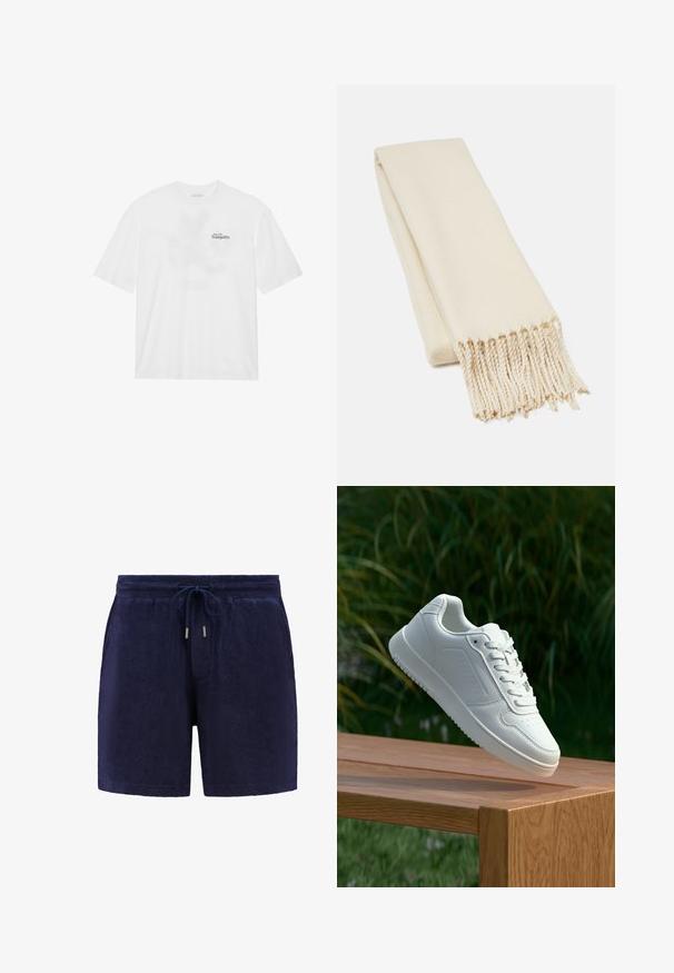 Baltas medvilnės marškinėliai su trumpomis rankovėmis, priekyje yra spaudinys su užrašu "Skristi į Ramybę" juoda ir žalia spalvomis.; Shiwi EVAN - Treningo apatinė dalis - dark navy; Balti sneakeriai su lygia sintetine viršutine dalimi, perforuota pirštų zona, plokščiomis raištelėmis ir tekstūruotu padu, padėti ant medinės paviršiaus.; Beige spalvos šalikas, pagamintas iš minkštos medžiagos, pasižymintis lygiu paviršiumi ir kutais ant galų. Dizainas yra paprastas ir stačiakampio formos.