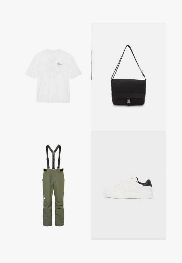 Biała bawełniana koszulka z krótkim rękawem, z nadrukiem na przodzie, który głosi "Wznieś się ku spokoju" w czerni i zieleni.; Oliwkowe wodoodporne spodnie z regulowanymi czarnymi szelkami, z wyraźnym logo na lewym biodrze i prostym krojem nogawek.; Białe skórzane sneakersy z tłoczonym wzorem, teksturowaną białą podeszwą środkową oraz czarnym akcentem na pięcie. Posiadają zaokrąglony nosek i płaskie sznurowadła.; Czarna torba na ramię wykonana z gładkiego materiału, z klapą na złożeniu, srebrnymi zapięciami i regulowanym paskiem na ramię.
