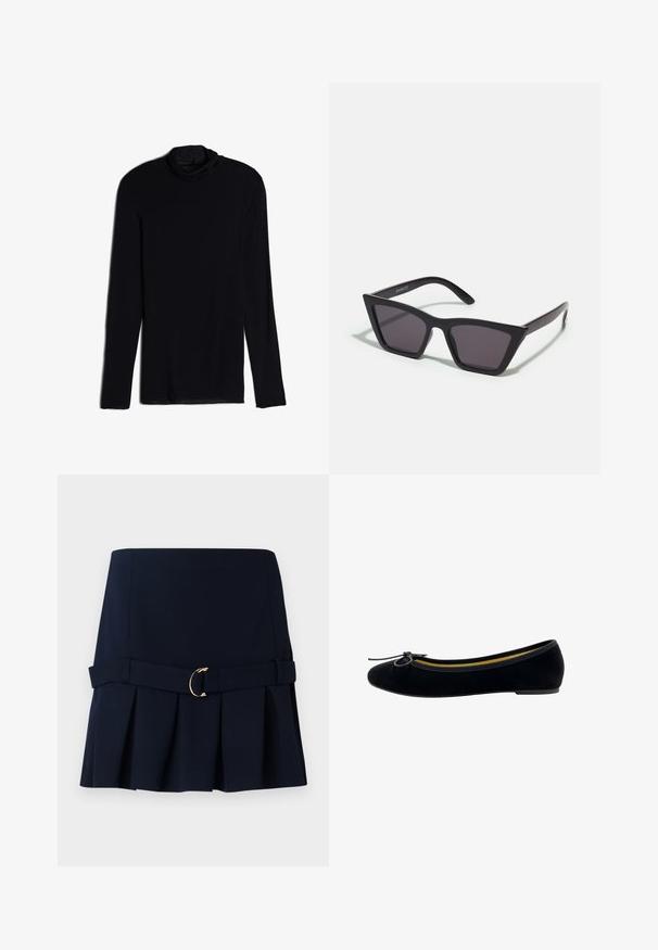 Schwarzes Langarmoberteil mit einem Kragen, gefertigt aus einem weichen, glatten Stoff; taillierte Passform mit geradem Saum und ohne sichtbare Nähte.; Marineblaue Faltenrock mit enganliegendem Bund, ausgestattet mit einem breiten Gürtel und einem goldfarbenen Schnallenakzent. Hergestellt aus einem glatten Stoff mit strukturiertem Design.; Schwarze Samt-Ballerinas mit runder Zehenpartie, einer kleinen Schleifenapplikation auf der Vorderseite und einem kontrastierenden gelben Innenfutter.; Schwarze, eckige Sonnenbrille mit grauen Gläsern; aus Kunststoff gefertigt, mit dicken Bügeln, die eine glatte Oberfläche und keine sichtbaren Beschläge haben.