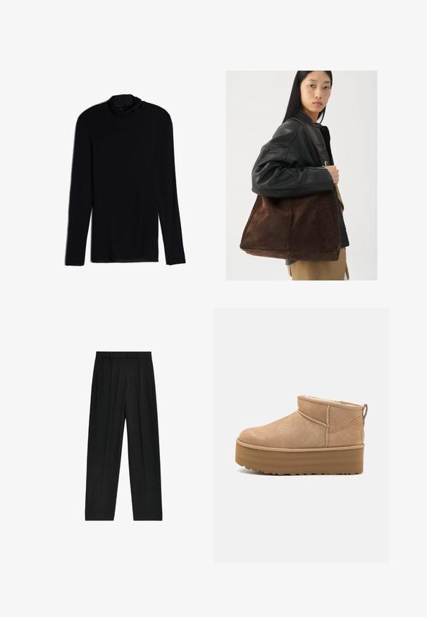 Svart långärmad topp med draperad halsringning, tillverkad av ett mjukt och glatt material; figursydd design med rak fåll och inga synliga sömmar.; Svarta byxor med hög midja och rak passform, med veck och sidofickor, tillverkade av ett lätt material.; Beiga mockaskängor till anklarna med en mjuk inredning, med en plattformssula och en dragsko baktill för enkel påtagning. Mönstrad gummisula.; Brun bälte av mocka med en bred form och mjuk textur, som har ett enda handtag och minimal hårdvara mot en neutral bakgrund.