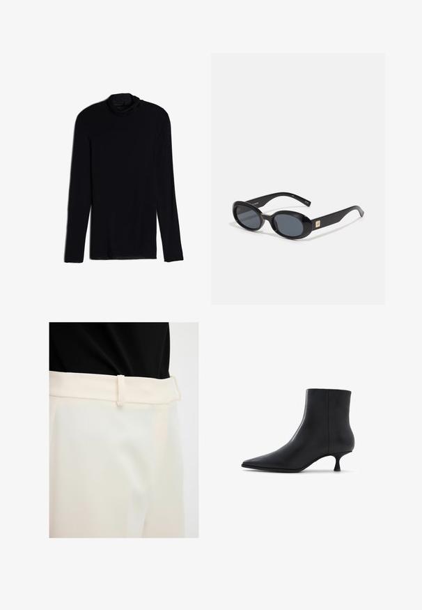 Schwarzes Langarmoberteil mit einem Kragen, gefertigt aus einem weichen, glatten Stoff; taillierte Passform mit geradem Saum und ohne sichtbare Nähte.; Beige Hosen mit glatter Textur, mit flachem Bund und Gürtelschlaufen. Der Stoff wirkt leicht und leicht glänzend.; ALDO EMMALIE - Stiefelette - black; Schwarze ovale Sonnenbrillen mit dunklen Gläsern, glänzendem Kunststoffrahmen, breiten Bügeln und einem kleinen goldenen Akzent auf einer Seite.