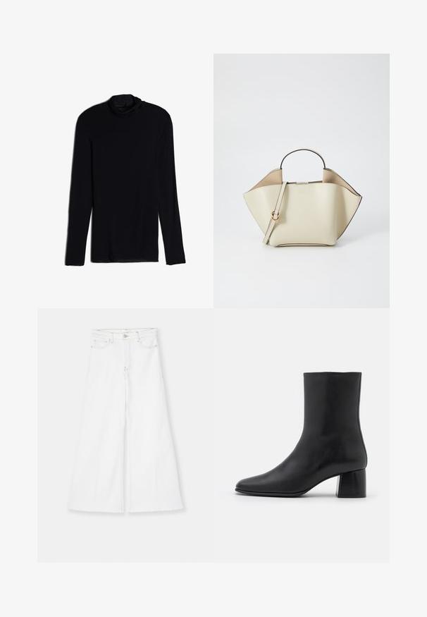 Czarny top z długim rękawem i dekoltem w serek, wykonany z miękkiego, gładkiego materiału; dopasowany krój z prostym dołem i bez widocznych szwów.; FRAME - Jeansy Dzwony; Czarne skórzane botki za kostkę z ostrym noskiem i masywnym kwadratowym obcasem. Gładka faktura z bezszwowym designem i minimalnym przeszyciem.; Ree Projects ANN taupe