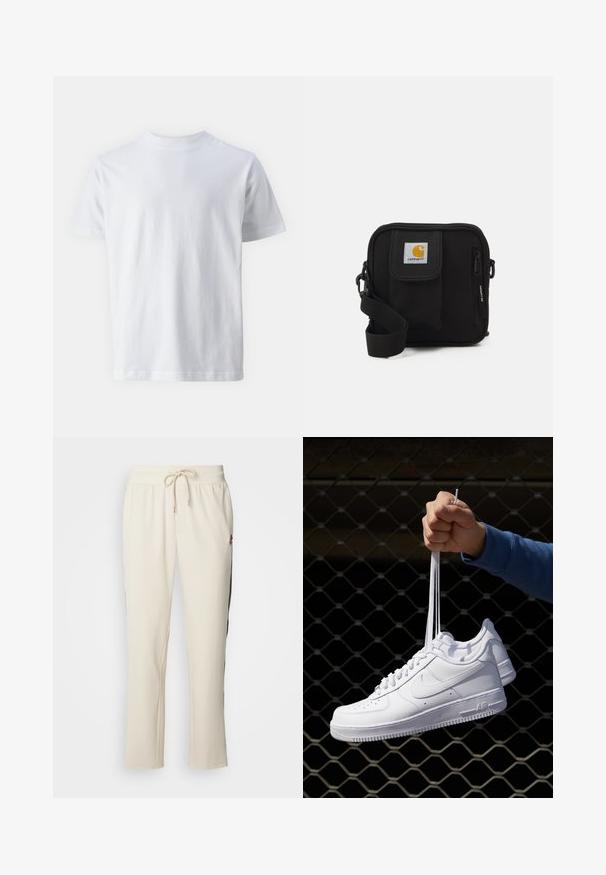 Bijela majica kratkih rukava od pamuka, s okruglim izrezom i glatkom teksturom, ravnog kroja bez uzoraka.; Bež pamučne trenirke s elastičnim pojasom i crnim trakama sa strane, te malim izvezenim logom s leve strane. Mekan, opušteni kroj.; Bijele kožne tenisice s perforacijama, okruglim vrhom, ravnim potplatom i debelim vezicama, s vidljivim swoosh logom i natpisom "AIR" na peti.; Crna torba za preko ramena s glavnim odjeljkom na patentni zatvarač, prednjim džepom, podešivim remenom i vidljivom oznakom na preklopu.
