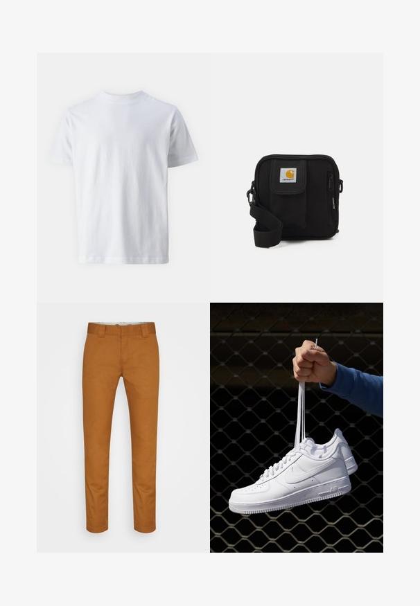 Camiseta branca de manga curta feita de algodão, apresentando um decote redondo e uma textura suave, com um corte reto e sem padrões.; Calças de algodão castanhas com corte reto, bolsos dianteiros e uma textura limpa e suave. Apresenta passadores de cinto e detalhes de costura discretos.; Sapatilhas de couro branco com perfurações, biqueira redonda, sola plana e atacadores grossos, apresentando um logotipo swoosh visível e "AIR" no calcanhar.; Bolsa transversal preta com um compartimento principal com fecho éclair, bolso frontal, alça ajustável e um logotipo visível na aba.