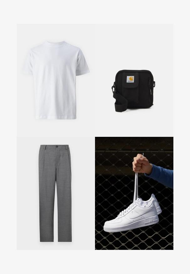 T-shirt blanc à manches courtes en coton, avec un col rond et une texture lisse, à coupe droite et sans motifs.; Pantalons tailleurs gris présentant un motif rayé subtil, une fermeture à bouton à l'avant et une coupe droite. Pas de poches visibles.; Baskets en cuir blanc avec perforations, à bout rond, semelle plate et lacets épais, arborant un logo swoosh visible et "AIR" sur le talon.; Sac bandoulière noir avec un compartiment principal zippé, une poche frontale, une sangle ajustable et un patch logo visible sur le rabat.