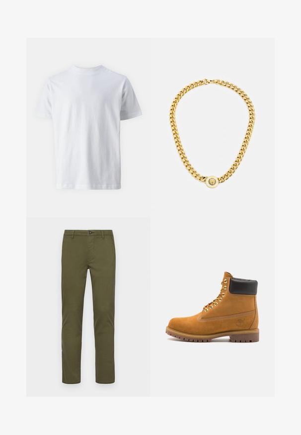 Camiseta branca de manga curta feita de algodão, apresentando um decote redondo e uma textura suave, com um corte reto e sem padrões.; Chinos em algodão verde-azeitona com um design de perna reta, apresentando um fecho frontal com botão, bolsos laterais e bainhas limpas.; Botim de tornozelo em camurça bege com colarinho acolchoado preto, ilhós de metal dourado, detalhes de costura branca e sola de borracha robusta com sulcos pronunciados.; Colar de corrente de ouro com grandes elos interligados, apresentando um detalhe em forma de pêndulo circular no centro com um emblema saliente.