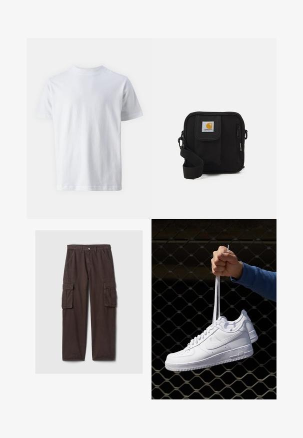 Fehér, rövid ujjú pamut póló, kerek nyakkivágással, sima textúrával, egyenes szabással és minta nélkül.; Barna cargo nadrág erős pamutból. Több funkcionális zsebbel, övhurkokkal és egyenes szárú fazonnal rendelkezik. Sima textúra, klasszikus dizájn.; Fehér bőr sportcipők perforációval, kerek orral, lapos talppal és vastag fűzőkkel, látható swoosh logóval és "AIR" felirattal a sarokrészen.; Fekete keresztbody táska cipzáras főrekesszel, elülső zsebbel, állítható pánttal és látható logóval a fedélen.