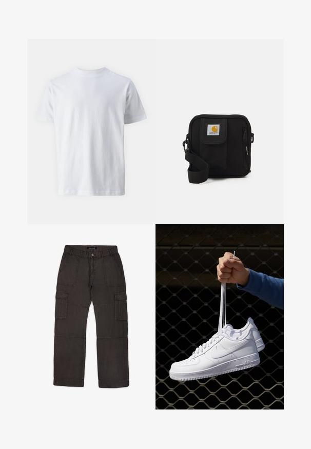 Vit kortärmad t-shirt i bomull, med rund halsringning och en mjuk yta, rak passform och utan mönster.; Cargo-byxor i mörkgrått tyg med flera fickor, en framknäppning med knapp och stickade detaljer längs sömmarna. Platt front och avslappnad passform.; Vita lädersneakers med perforeringar, rund tå, platt sula och tjocka snörning, med en synlig swoosh-logga och "AIR" på hälen.; Svart korsväska med ett blixtlåstaget huvudfack, framsida ficka, justerbar rem och en synlig logotyp på klaffen.