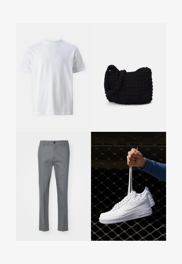 Fehér, rövid ujjú pamut póló, kerek nyakkivágással, sima textúrával, egyenes szabással és minta nélkül.; Szürke nadrág, sima anyagból, egyenes lábformával, egy elülső gombbal és diszkrét oldalsó zsebekkel a funkcionalitás érdekében.; Fehér bőr sportcipők perforációval, kerek orral, lapos talppal és vastag fűzőkkel, látható swoosh logóval és "AIR" felirattal a sarokrészen.; Fekete szövet táska texturált, steppelt mintával. Kerek formájú, rövid, vastag fogantyúkkal és puha, rugalmas szerkezettel.