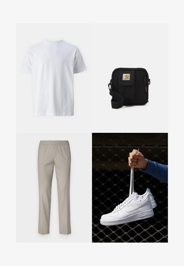 Balts īsām piedurknēm t-krekls, kas izgatavots no kokvilnas, ar apaļu kakla izgriezumu un gludu tekstūru, ar taisnu griezumu un bez rakstiem.; Gai pelēki bikses ar elastīgu jostasvietu, taisnā kāju dizains un gluda auduma tekstūra. Nav redzamu rakstainu vai metālisku detaļu.; Baltas ādas sporta apavi ar perforācijām, apaļu purngali, plakanu zoli un biezām šņorēm, ar redzamu swoosh logo un vārdu "AIR" uz papēža.; Melna plecu soma ar rāvējslēdzēja galveno nodalījumu, priekšējo kabatu, regulējamu siksnu un redzamu logotipa tagu uz vāka.