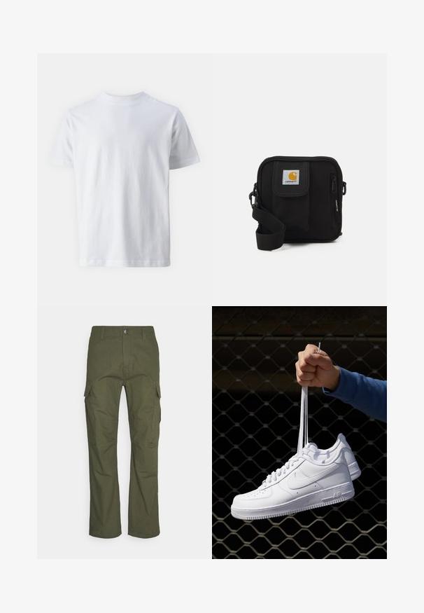 Valge lühikeste varrukatega T-särk, mis on valmistatud puuvillast, omades ümmargust kaelust ja siledat tekstuuri, sirge lõike ja ilma mustrita.; Tumedates oliivroheline cargo pükste, millel on mitu külgetaskut, sirge lõige ja vastupidav kangas tekstuuriga viimistlusega.; Valged nahast tennisetossud, millel on perforatsioonid, ümar nina, lame tallus ja paksud nöörid, nähtava swooshi logoga ja "AIR" kontsadel.; Mustmust kott, millel on lukkudega peamine ruum, esikott, reguleeritav rihm ja nähtav logofirma kleebis kaasel.