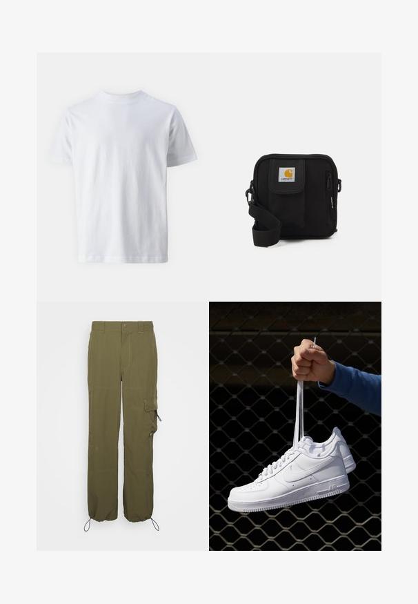 Biały, krótki rękaw t-shirt wykonany z bawełny, z okrągłym dekoltem i gładką teksturą, o prostym kroju i bez wzorów.; Olive zielone spodnie cargo wykonane z lekkiego materiału. Cechy to zapięcie na guziki, boczne kieszenie oraz regulowane mankiety ze sznurkami.; Białe skórzane sneakersy z perforacjami, okrągłym noskiem, płaską podeszwą i grubymi sznurówkami, z widocznym logo swoosh i napisem „AIR” na pięcie.; Czarna torba na ramię z zamykaną na zamek główną komorą, przednią kieszenią, regulowanym paskiem oraz widoczną łatką z logo na klapie.
