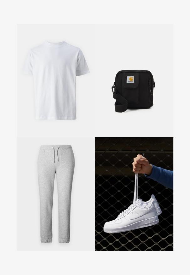 White short-sleeve t-shirt made of cotton, featuring a crew neckline and a smooth texture, with a straight cut and no patterns.; Gray sweatpants made of soft fabric, featuring an elastic waistband with a drawstring, elastic cuffs, and a smooth texture.; White leather sneakers with perforations, round toe, flat sole, and thick laces, featuring a visible swoosh logo and "AIR" on the heel.; Black crossbody bag with a zippered main compartment, front pocket, adjustable strap, and a visible logo patch on the flap.
