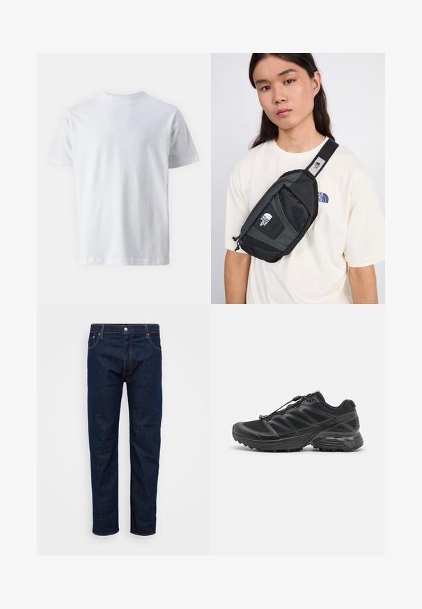 Hvit kortermet t-skjorte laget av bomull, med rund hals og en jevn tekstur, rett snitt og uten mønstre.; Mørkeblå denimjeans med rett benklipp, med oransje søm og frontlukking med knapp. Klassisk 5-lomme design.; Svart løpesko med mesh og syntetisk overdel, fleksibel yttersåle og elastiske liser. Har en dempet mellomsåle for komfort.; The North Face PACK UNISEX - Rumpetaske - black/asphalt grey