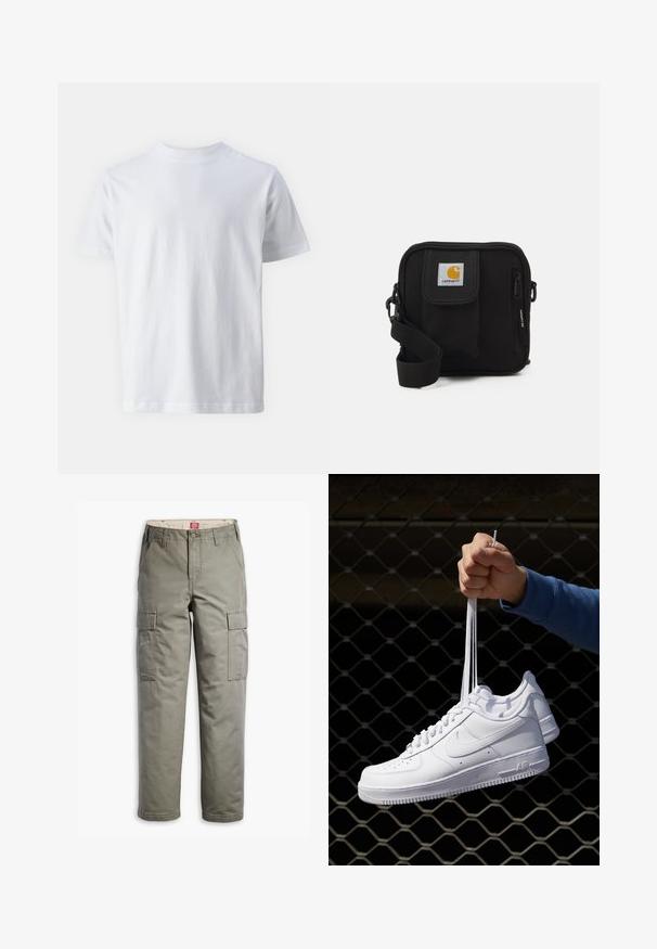 Vit kortärmad t-shirt i bomull, med rund halsringning och en mjuk yta, rak passform och utan mönster.; Cargo byxor i olivgrön, tillverkade av slitstark bomullsblandning, med sidofickor, rak bendesign och knappstängning.; Vita lädersneakers med perforeringar, rund tå, platt sula och tjocka snörning, med en synlig swoosh-logga och "AIR" på hälen.; Svart korsväska med ett blixtlåstaget huvudfack, framsida ficka, justerbar rem och en synlig logotyp på klaffen.