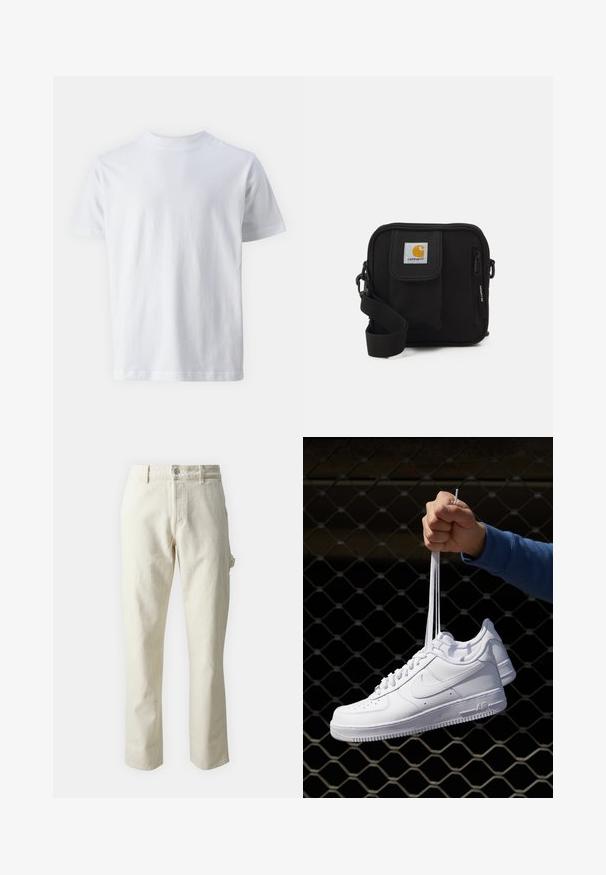 Witte korte mouwen t-shirt van katoen, met een ronde hals en een zachte textuur, met een rechte snit en zonder patronen.; Beige rechte pijpen broek van katoen met een zachte textuur, voorzien van een sluiting met vooraan een knoop en zijzakken.; Witte leren sneakers met perforaties, ronde neus, vlakke zool en dikke veters, met een zichtbare swoosh-logo en "AIR" op de hiel.; Zwarte schoudertas met een rits hoofdcompartiment, voork pocket, verstelbare strap en een zichtbaar logo op de klep.