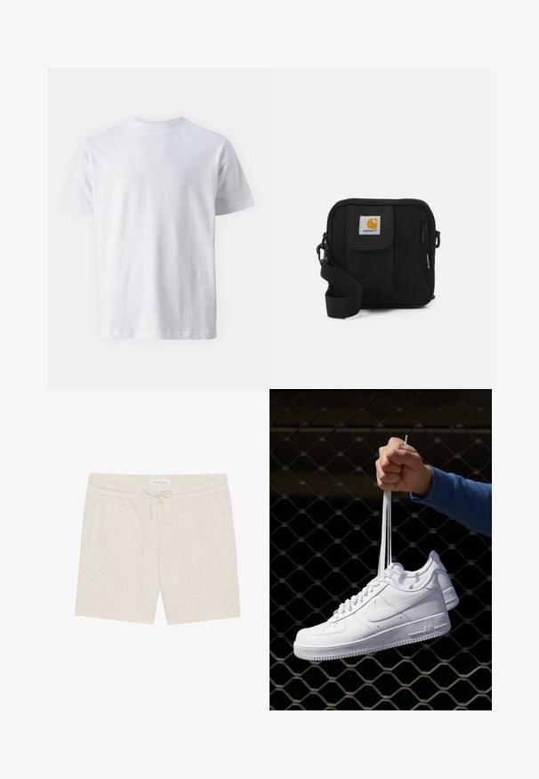 Fehér, rövid ujjú pamut póló, kerek nyakkivágással, sima textúrával, egyenes szabással és minta nélkül.; Világos bézs színű, puha anyagból készült short, állítható derekkal, oldalsó zsebekkel és diszkrét pettyes textúrával.; Fehér bőr sportcipők perforációval, kerek orral, lapos talppal és vastag fűzőkkel, látható swoosh logóval és "AIR" felirattal a sarokrészen.; Fekete keresztbody táska cipzáras főrekesszel, elülső zsebbel, állítható pánttal és látható logóval a fedélen.