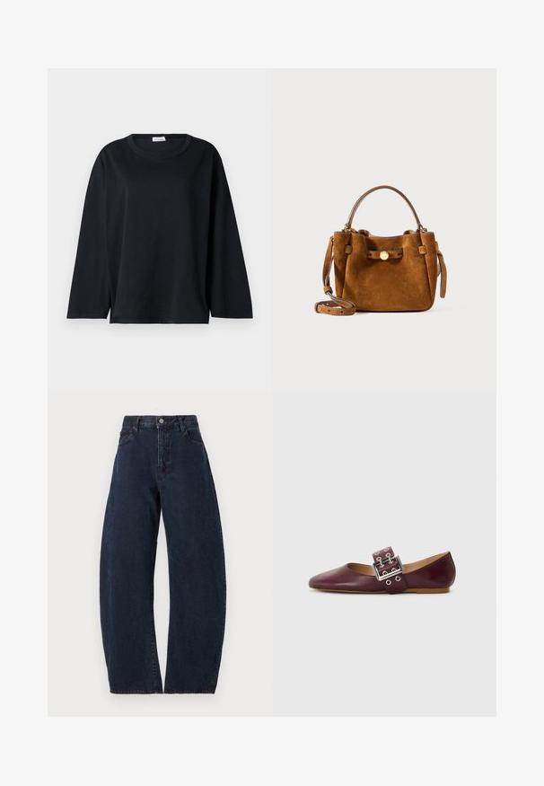 Black long-sleeve t-shirt in cotton with a round neckline, relaxed fit, and side slits at the hem for ease of movement.; High-waisted, wide-leg jeans in dark blue denim. Features a button closure, five pockets, and subtle texture. No visible patterns or accents.; Burgundy leather ballet flat with pointed toe, wide strap featuring a silver buckle and multiple holes, flat sole, smooth texture.; Brown suede handbag featuring a rounded shape, short handles, and a detachable strap. Accented with a gold button and square patches.