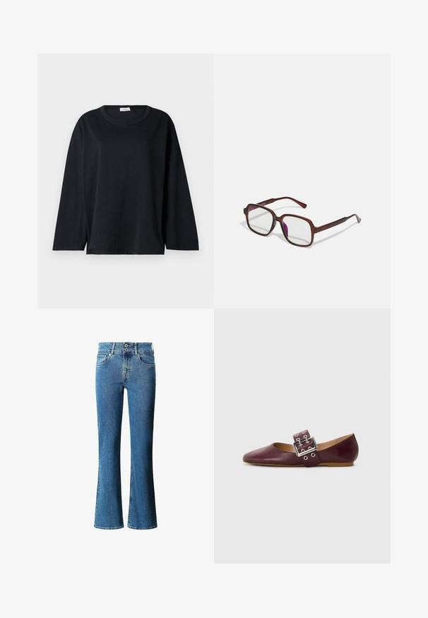 Black long-sleeve t-shirt in cotton with a round neckline, relaxed fit, and side slits at the hem for ease of movement.; Flared denim jeans in medium blue, featuring a high waist, two-button closure, classic five-pocket design, and slight fading throughout.; Burgundy leather ballet flat with pointed toe, wide strap featuring a silver buckle and multiple holes, flat sole, smooth texture.; Brown, rectangular eyeglasses with transparent lenses and purple tints. Smooth plastic frame with straight temples and subtle accents.; Brown suede handbag featuring a rounded shape, short handles, and a detachable strap. Accented with a gold button and square patches.